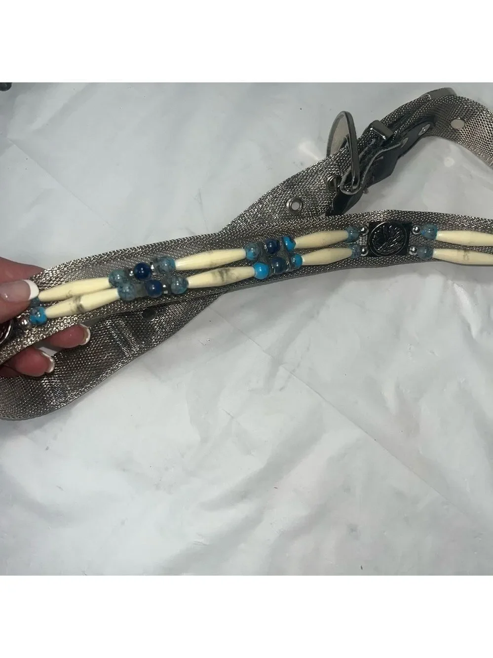 Vintage silver mesh belt embellished with beads motifs 80s native American style